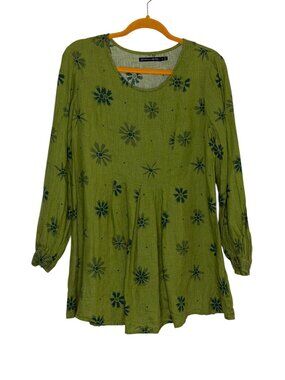 Gudrun Sjoden Linen Tunic Top Blouse Shirt Pleated Floral Green S